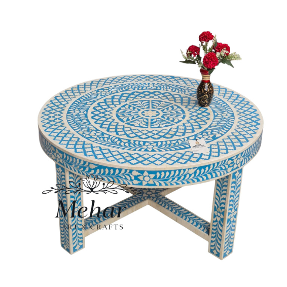 WDN BONE INLAY FLORAL COFFEE TABLE WITH MATCHING STOOL (SET OF 5)