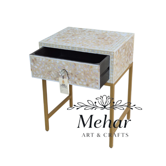 MOP Floral Inlay Bedside Table with Iron Base (1 DR)