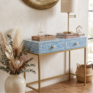 WDN BONE INLAY FLORAL CONSOLE TABLE WITH METAL BASE 2 DRAWER