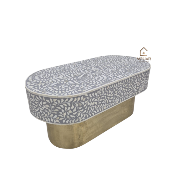 4 WDN BONE INLAY COFFEE TABLE IN OVAL SHAPE IN GREY WHITE FINISH