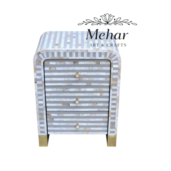 WDN MOP Inlay Bedside Table with 3 Drawers