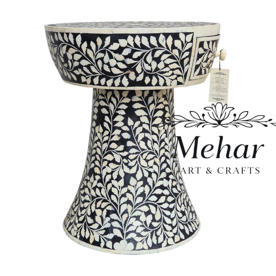 WDN Floral Bone Inlay Bedside Table (1 Drawer)