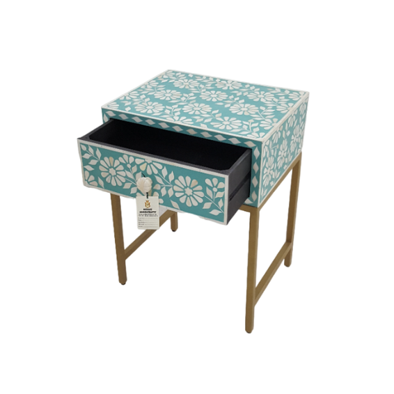 WDN, BONE INLAY FLORAL BEDSIDE TABLE/ NIGHTSTAND WITH IRON BASE (1 DR)