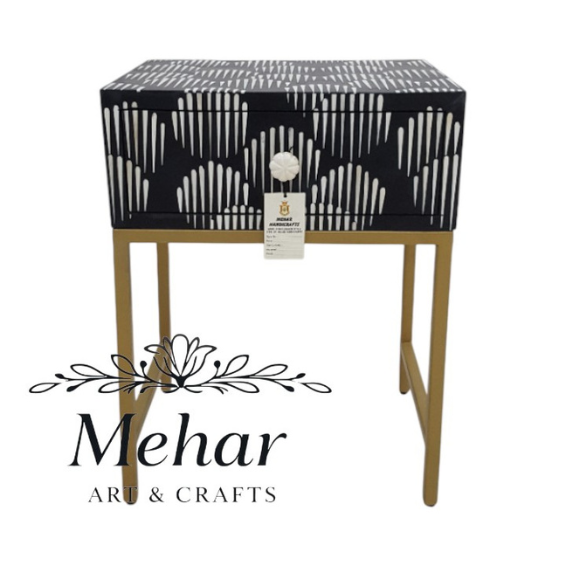 WDN Bone Inlay Bedside Table with Iron Base (1 Drawer)