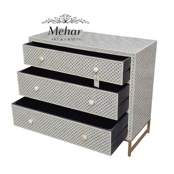 WDN BONE INLAY CHEST OF DRAWER WITH 3 DRAWER WITH IRON BASE