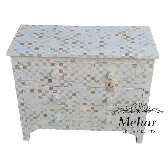 WDN MOP INLAY CHEST OF DRAWER WITH 3 DRAWER IN WHITE FINISH