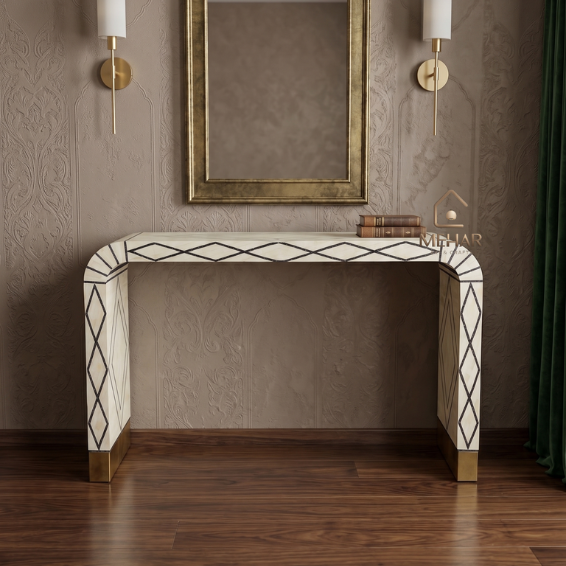 WDN BONE INLAY CONSOLE TABLE- HANDMADE BLACK & WHITE HALLWAY TABLE