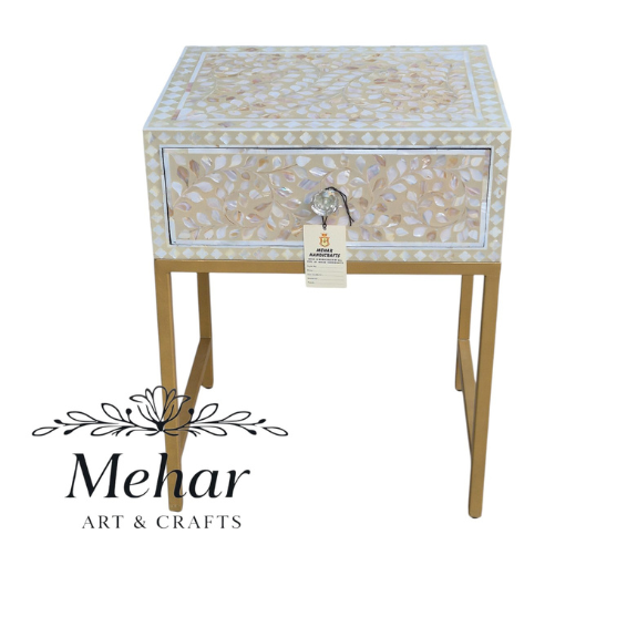MOP Floral Inlay Bedside Table with Iron Base (1 DR)