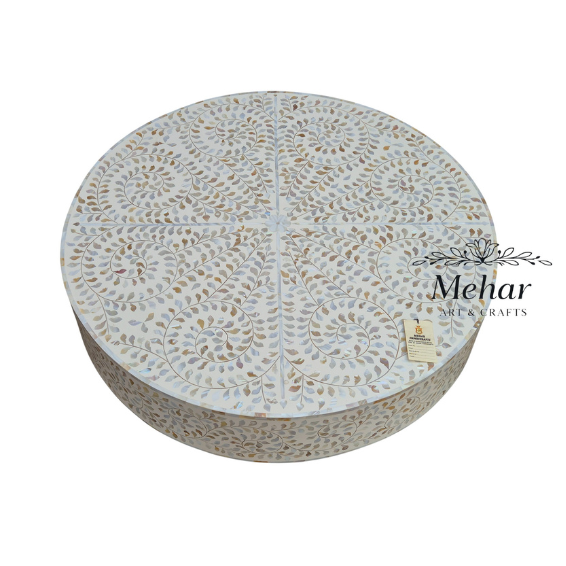 WDN MOP INLAY FLORAL COFFEE TABLE IN WHITE FINISH