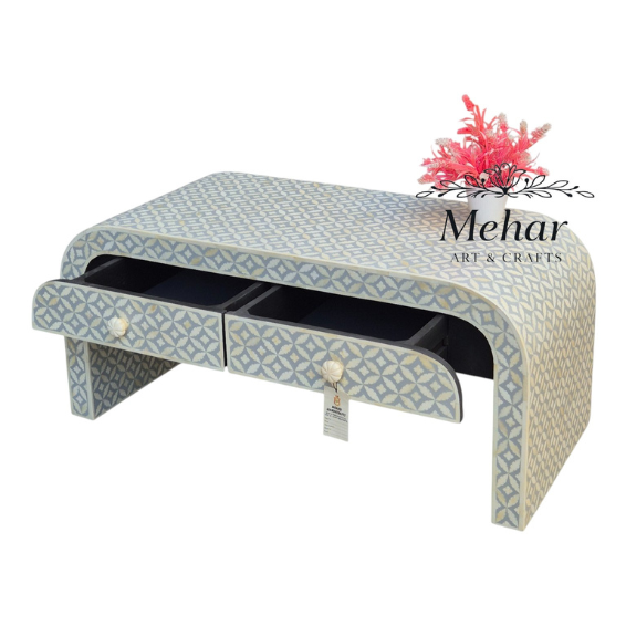 WDN BONE INLAY U COFFEE TABLE WITH 2 DRAWER