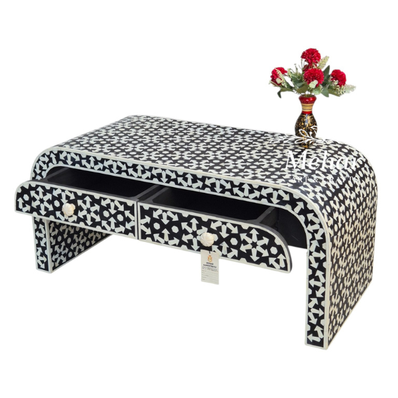 WDN MOP INLAY U SHAPE COFFEE TABLE 2 DRAWER IN BLACK FINISH