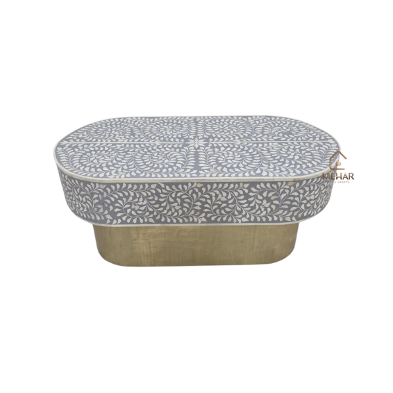 5 WDN BONE INLAY COFFEE TABLE IN OVAL SHAPE IN GREY WHITE FINISH