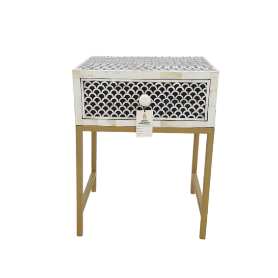 WDN Bone Inlay Bedside Table with Iron Base (1 Drawer)