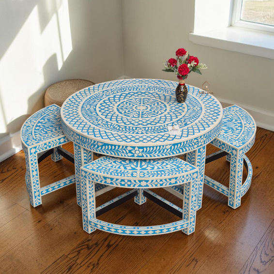 Untitled design (10) WDN BONE INLAY FLORAL COFFEE TABLE WITH MATCHING STOOL (SET OF 5)