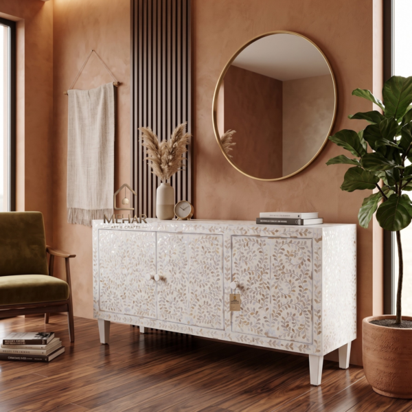 WDN FLORAL MOTHER OF PEARL INLAY SIDEBOARD 3 DOOR