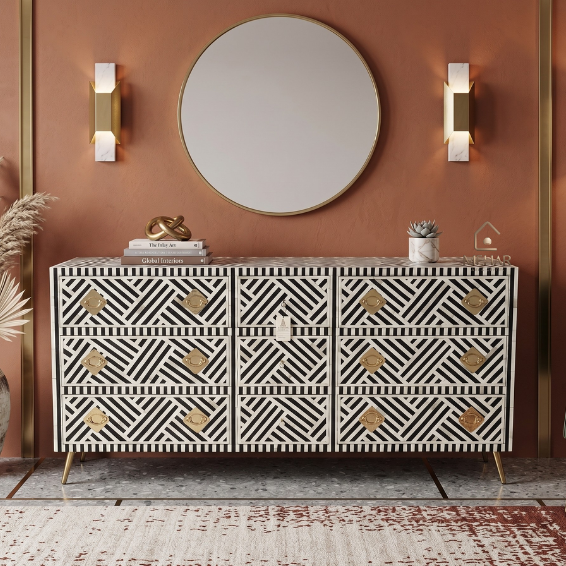 WDN BONE INLAY SIDEBOARD- BLACK & WHITE CHEST OF 9 DRAWER