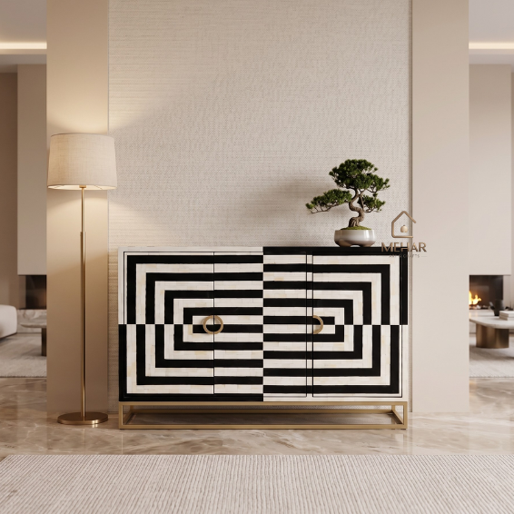 Untitled design (19) WDN BONE INLAY SIDEBOARD / CABINET 3 DOOR WITH METAL BASE