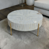 WDN BONE INLAY ROUND COFFEE TABLE WITH METAL LEGS (STRIPPED PATTERN)