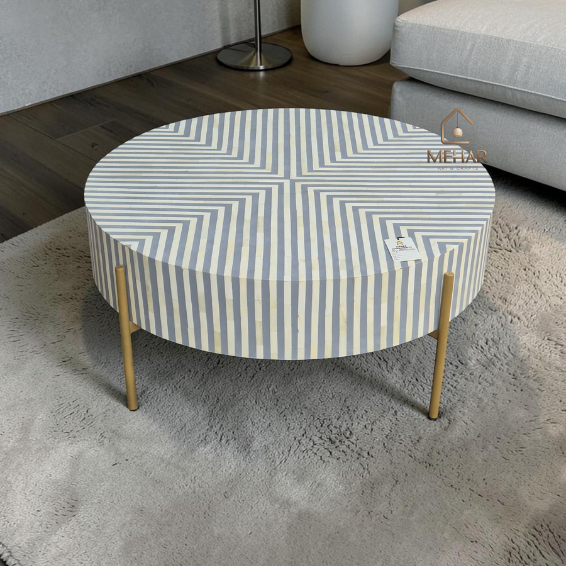 WDN BONE INLAY ROUND COFFEE TABLE WITH METAL LEGS (STRIPPED PATTERN)