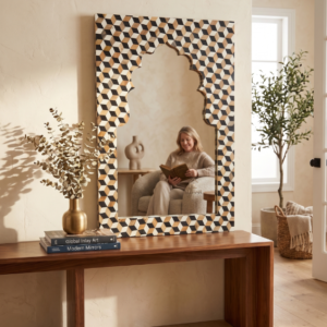 HANDCRAFTED TEAK WOOD INLAY MIRROR FRAME | GEOMETRIC WALL MIRROR