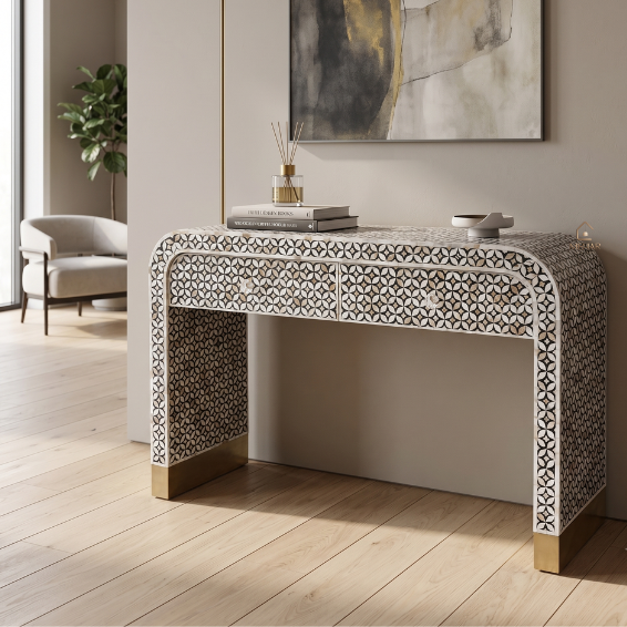 Untitled design (2) WDN MOTHER OF PEARL INLAY U CONSOLE TABLE 2 DRAWER