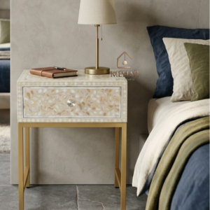 Mother Of Pearl Floral Inlay Bedside Table with Metal Base (1 DR)