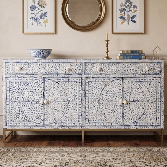 Untitled design (20) WDN COLORED BONE INLAY FLORAL SIDEBOARD 2 DRAWER 4 DOOR