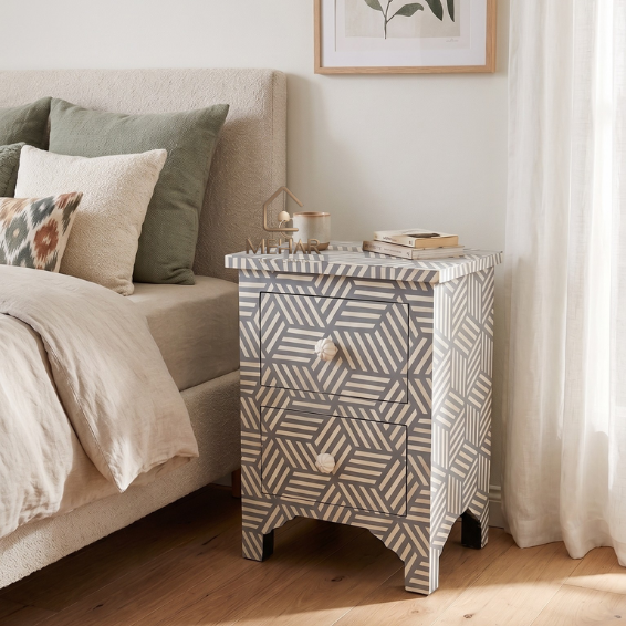 Untitled design (28) WDN Bone Inlay Bedside Table with 2 Drawers- Handmade Geometric Nightstand