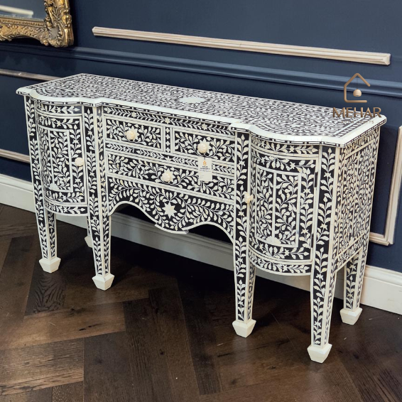 Untitled design (3) WDN BONE INLAY FLORAL CHEST OF 3 DRAWERS 2 DOOR IN WHITE & BLACK FINISH