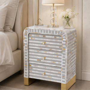 WDN MOP Inlay Bedside Table with 3 Drawers
