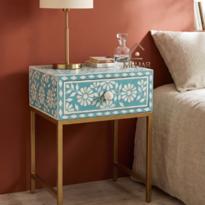 WDN BONE INLAY FLORAL BEDSIDE TABLE/ NIGHTSTAND WITH METAL BASE (1 DRAWER)