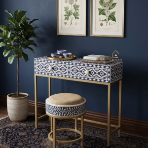 WDN BONE INLAY CONSOLE TABLE 2 DRAWER WITH MATCHING STOOL