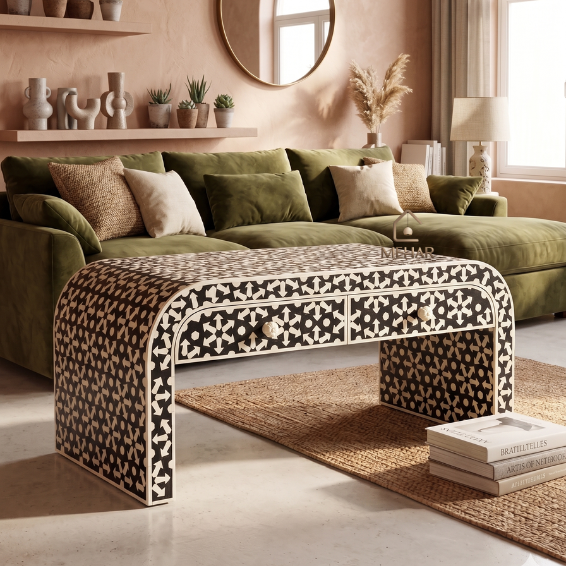 Untitled design (37) WDN MOTHER OF PEARL INLAY U SHAPE COFFEE TABLE 2 DRAWER IN BLACK FINISH