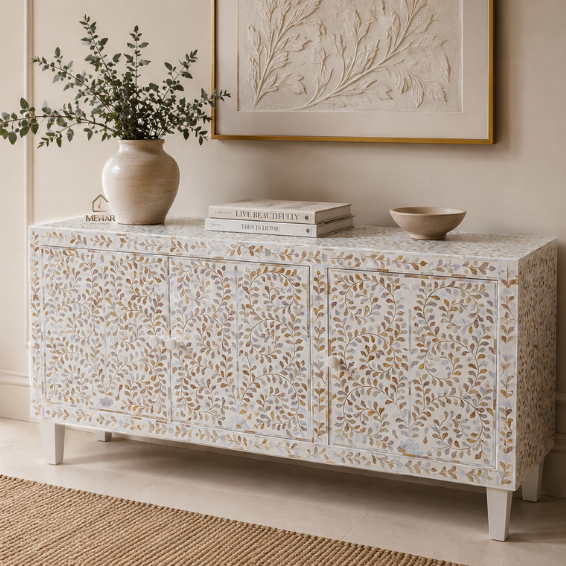 WDN FLORAL MOTHER OF PEARL INLAY SIDEBOARD 3 DOOR