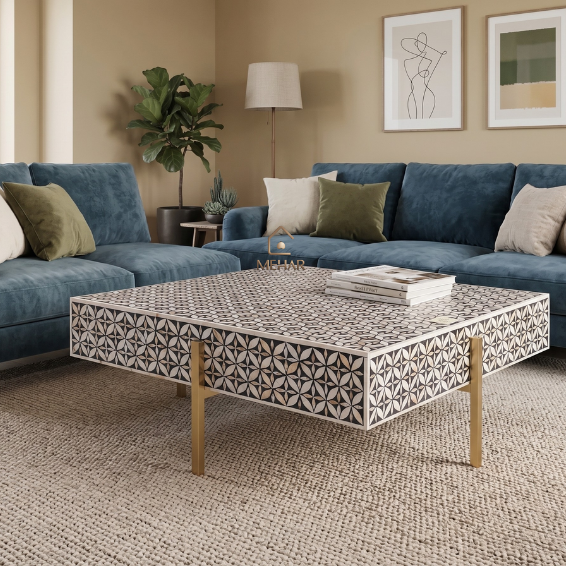 WDN MOTHER OF PEARL INLAY COFFEE TABLE WITH IMETAL LEGS