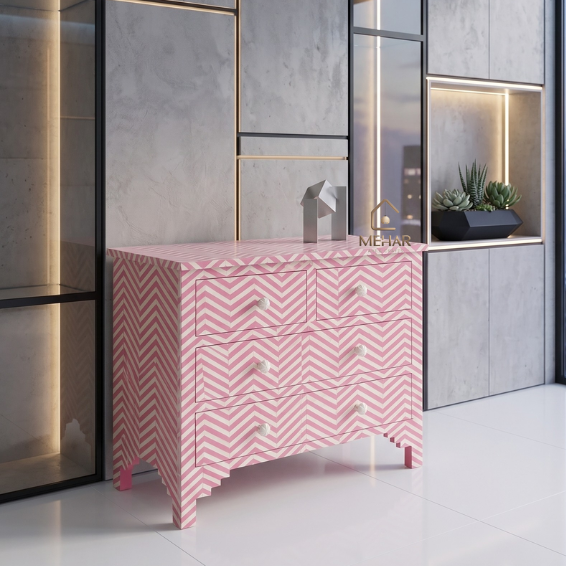 WDN BONE INLAY SIDEBOARD / CHEST OF 4 DRAWER IN WHITE & PINK FINISH
