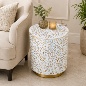 WDN MOTHER OF PEARL INLAY FLORAL SIDE TABLE IN WHITE FINISH