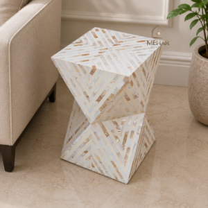 WDN MOTHER OF PEARL INLAY SIDE TABLE IN WHITE FINISH