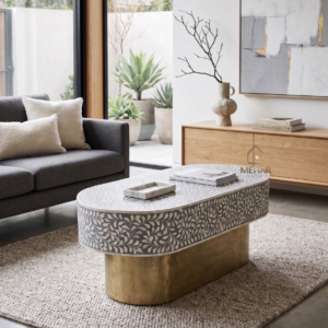 WDN BONE INLAY COFFEE TABLE IN OVAL SHAPE IN GREY WHITE FINISH