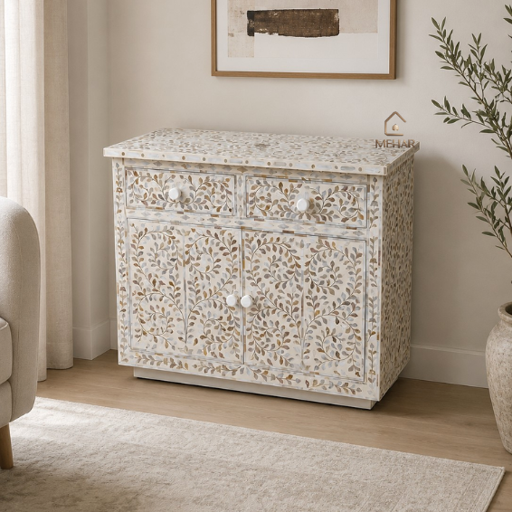 Untitled design (55) WDN FLORAL MOTHER OF PEARL INLAY CHEST OF DRAWER WITH 2 DRAWER 2 DOOR