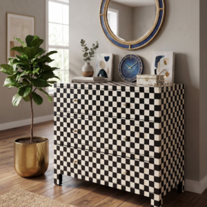 WDN BONE INLAY CHEST OF DRAWERS IN BLACK & WHITE FINISH
