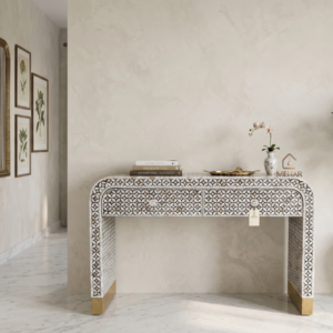 WDN MOTHER OF PEARL INLAY U CONSOLE TABLE 2 DRAWER