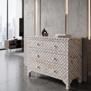 WDN MOTHER OF PEARL INLAY CHEST OF 3 DRAWER IN GREY FINISH