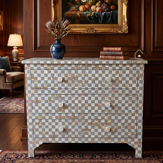 WDN MOTHER OF PEARL INLAY CHEST OF 3 DRAWER IN GREY FINISH