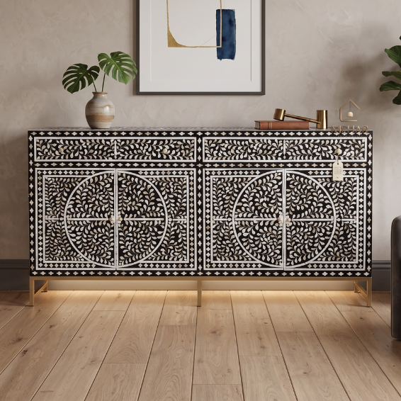 WDN MOTHER OF PEARL INLAY FLORAL SIDEBOARD 2 DRAWER 4 DOOR