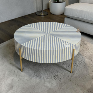 WDN BONE INLAY ROUND COFFEE TABLE WITH METAL LEGS (STRIPPED PATTERN)