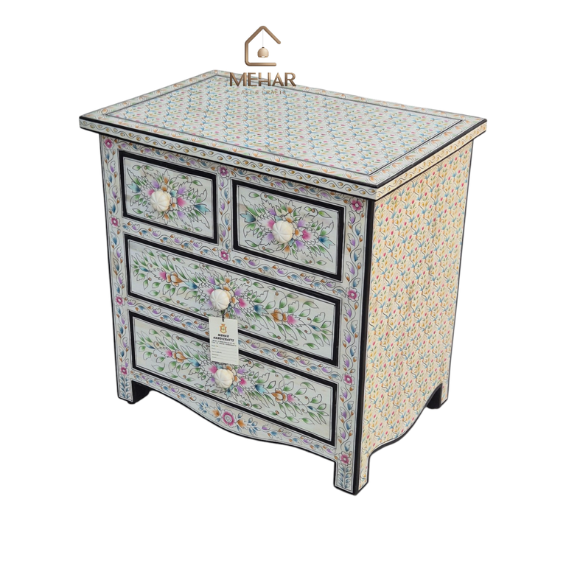WDN BONE INLAY HAND PAINTED CABINET 4 DRAWER