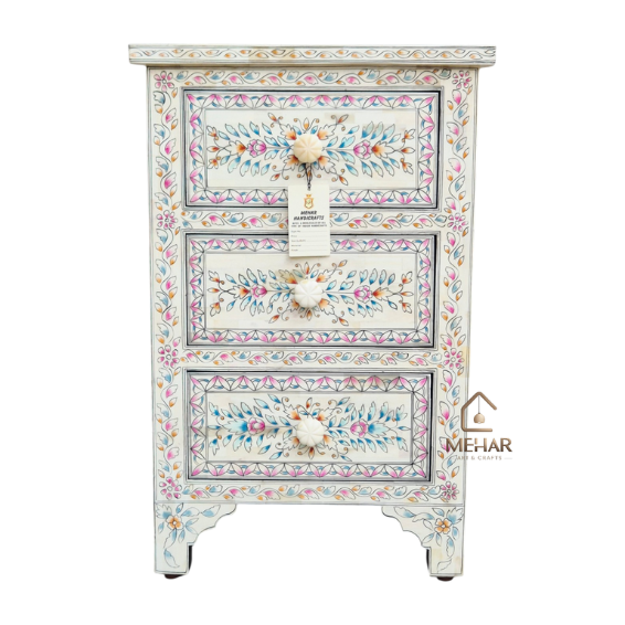 WDN BONE INLAY HAND PAINTED BEDSIDE 3 DRAWER