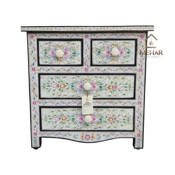 WDN BONE INLAY HAND PAINTED CABINET 4 DRAWER