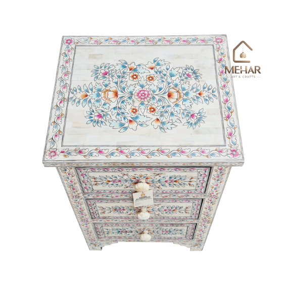 WDN BONE INLAY HAND PAINTED BEDSIDE 3 DRAWER